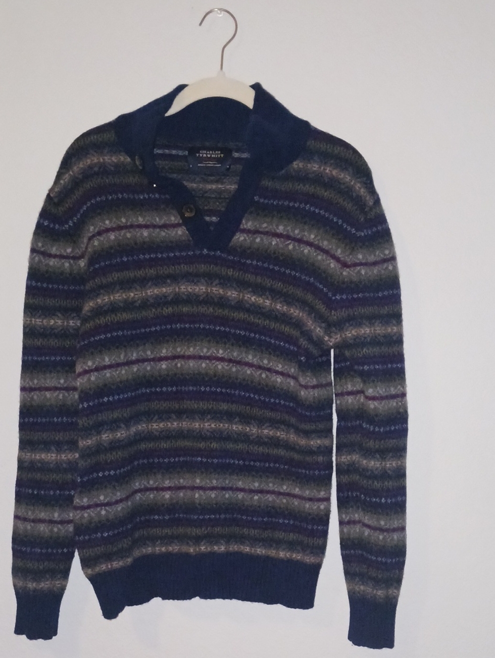Charles Tyrwhitt Navy and Gray Multi-Stripe V-Neck Sweater